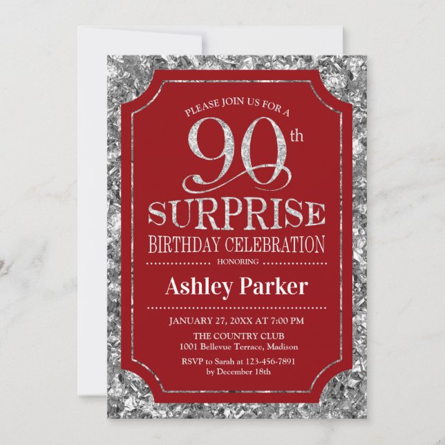 Surprise 90th Birthday Party - Silver Red Invitation (Front)