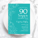 Surprise 90th Birthday Party - Turquoise Floral Invitation<br><div class="desc">Turquoise Floral Surprise 90th birthday party invitation. Minimalist modern design featuring botanical accents and typography script font. Simple feminine invite card perfect for a stylish female surprise bday celebration. Can be customized to any age.</div>