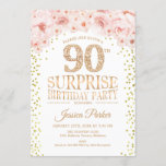Surprise 90th Birthday Party - White Gold Pink Invitation<br><div class="desc">Surprise 90th Birthday Party Invitation.
Elegant design in faux glitter gold,  white and pink. Features confetti,  script font and watercolor blush pink flowers. Message me if you need further customization.</div>
