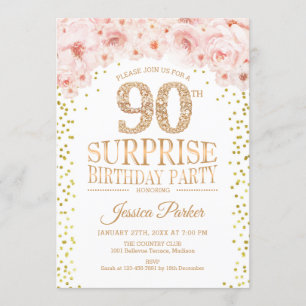 Surprise 90th Birthday Party - White Gold Pink Invitation