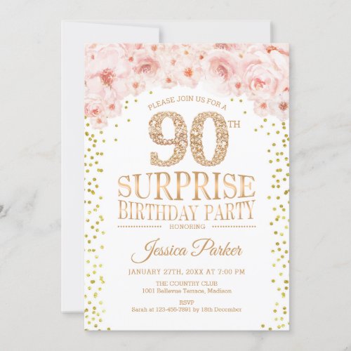 Surprise 90th Birthday Party _ White Gold Pink Invitation
