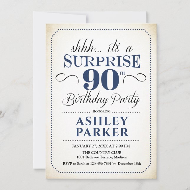 Surprise 90th Birthday Party - White Navy Invitation (Front)