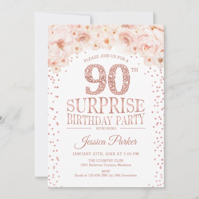 Surprise 90th Birthday Party - White Rose Gold Invitation (Front)