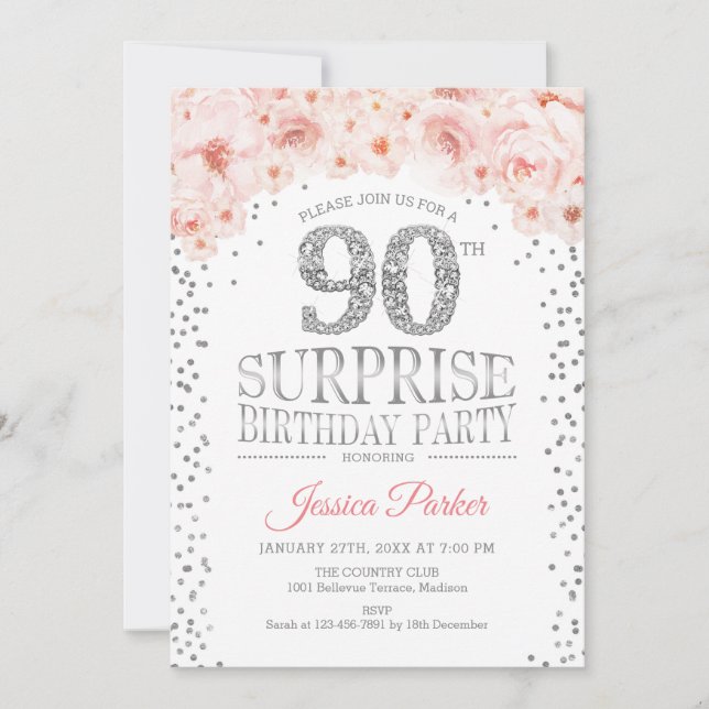 Surprise 90th Birthday Party - White Silver Pink Invitation (Front)