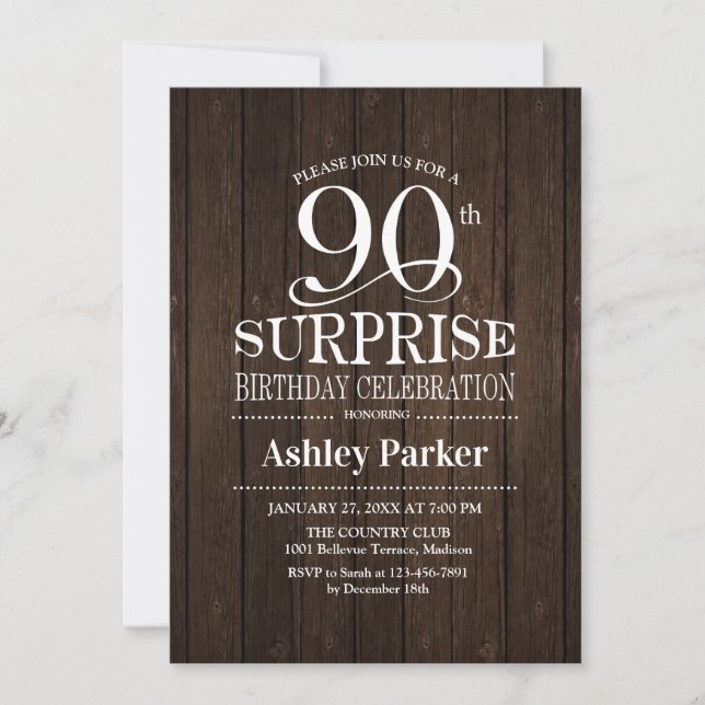 Surprise 90th Birthday Party - Wood Invitation (Front)