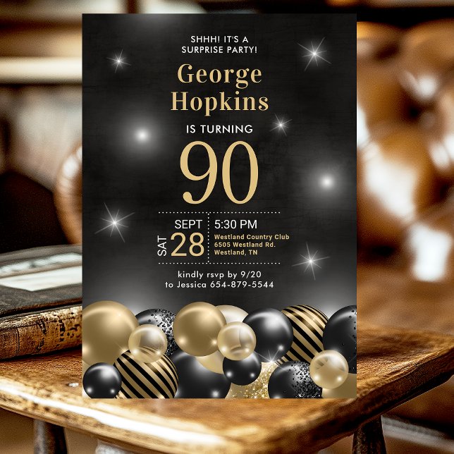 Surprise 90th Birthday Photo Black Gold Balloons Invitation (Creator Uploaded)