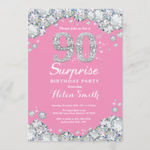 Surprise 90th Birthday Pink and Silver Diamond Invitation