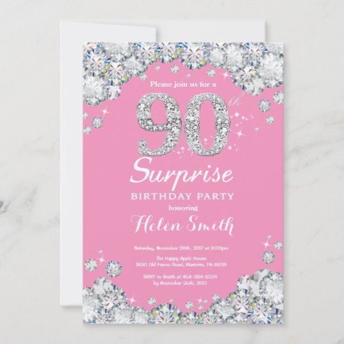 Surprise 90th Birthday Pink and Silver Diamond Invitation