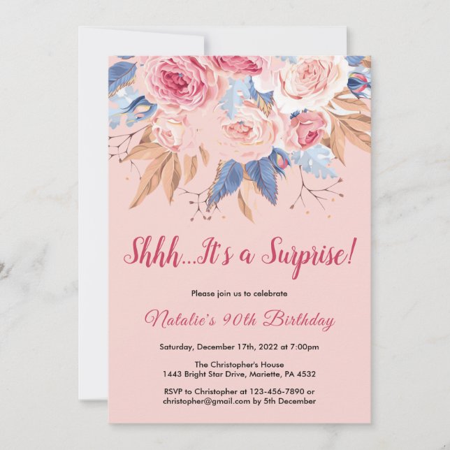 Surprise 90th Birthday Pink Botanical Floral Invitation (Front)