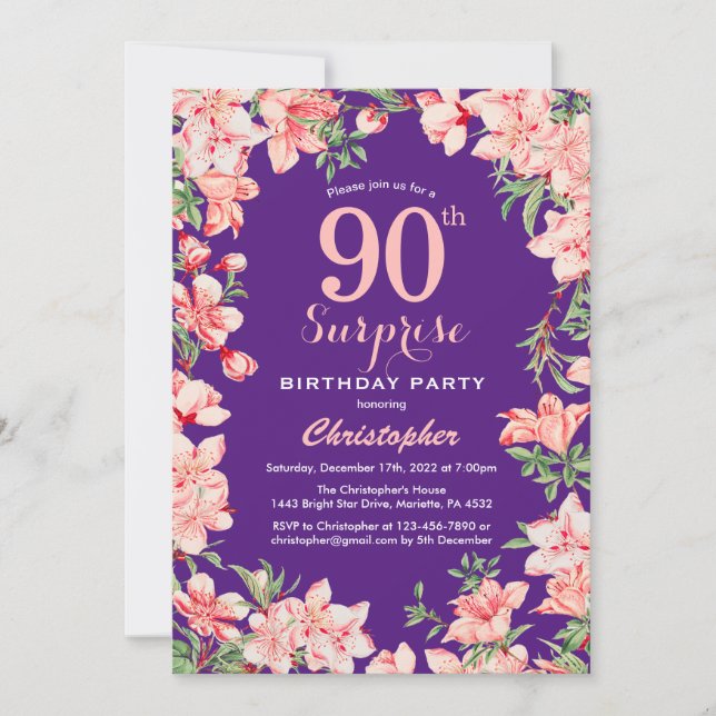 Surprise 90th Birthday Pink Floral Flowers Purple Invitation (Front)