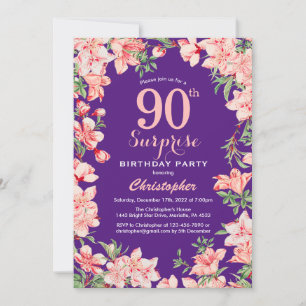 Surprise 90th Birthday Pink Floral Flowers Purple Invitation