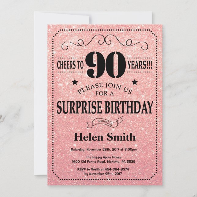 Surprise 90th Birthday Pink Rose Gold Glitter Invitation (Front)