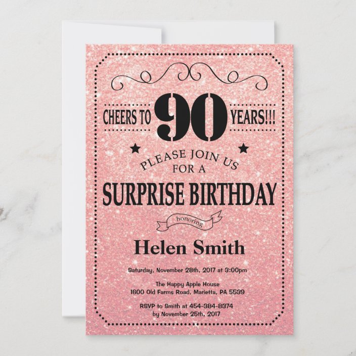 Surprise 90th Birthday Pink Rose Gold Glitter Invitation | Zazzle.com