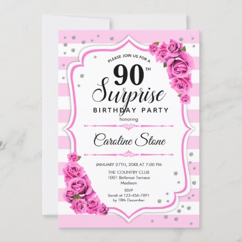 Surprise 90th Birthday _  Pink White Invitation
