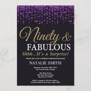 Surprise 90th Birthday Purple and Gold Glitter Invitation
