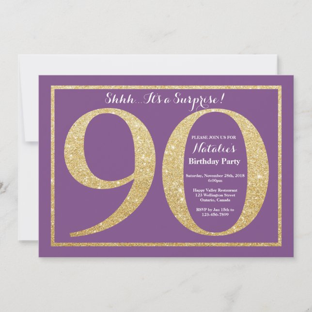 Surprise 90th Birthday Purple and Gold Glitter Invitation (Front)