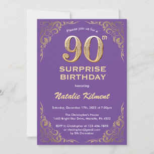 Surprise 90th Birthday Purple and Gold Glitter Invitation