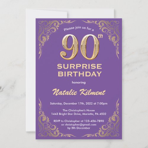 Surprise 90th Birthday Purple and Gold Glitter Invitation