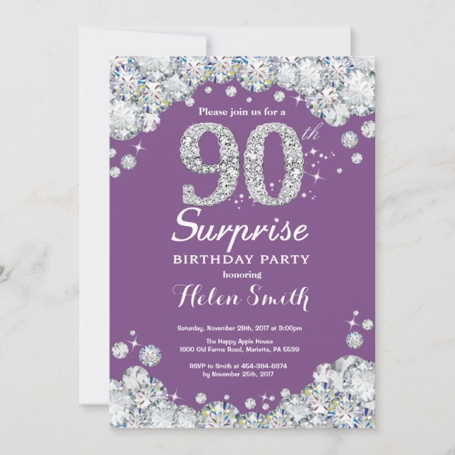 Surprise 90th Birthday Purple and Silver Diamond Invitation (Front)