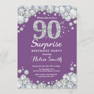 Surprise 90th Birthday Purple and Silver Diamond Invitation