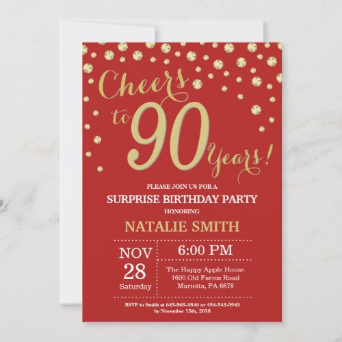 Surprise 90th Birthday Red and Gold Diamond Invitation