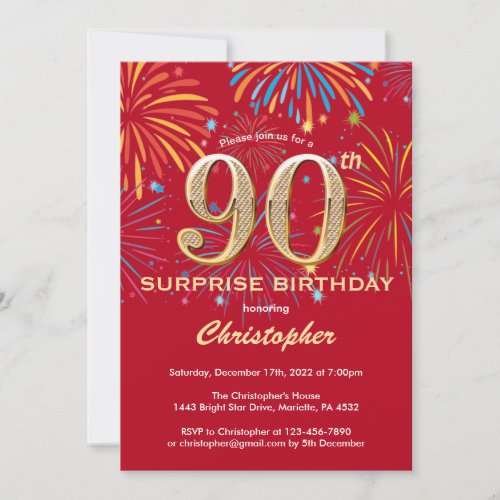 Surprise 90th Birthday Red  Gold Rainbow Firework Invitation