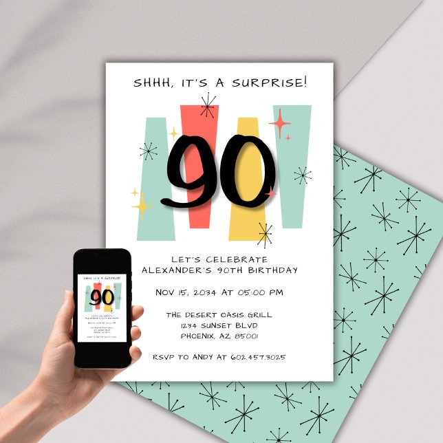Surprise 90th Birthday Retro Midcentury Modern Invitation (Creator Uploaded)