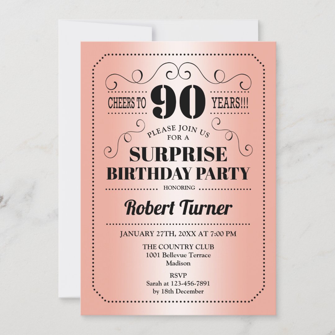 Surprise 90th Birthday - Rose Gold Black Invitation | Zazzle