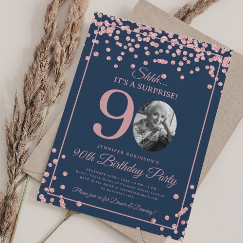 SURPRISE 90th Birthday Rose Gold Confetti Navy Blu Invitation