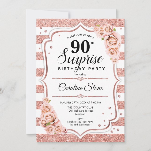 Surprise 90th Birthday - Rose Gold White Pink Invitation (Front)