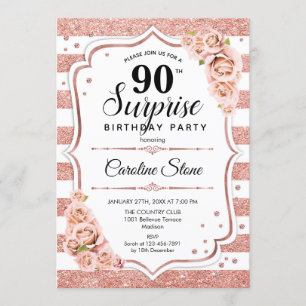 Surprise 90th Birthday - Rose Gold White Pink Invitation