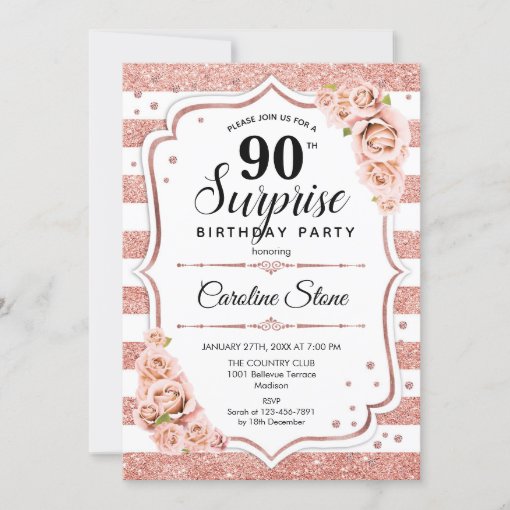 Surprise 90th Birthday - Rose Gold White Pink Invitation | Zazzle