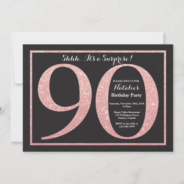 Surprise 90th Birthday Rose Pink Gold Glitter Invitation (Front)