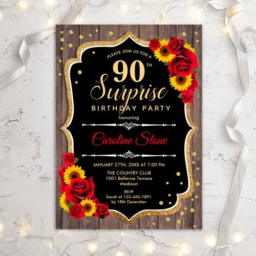 Surprise 90th Birthday _ Rustic Sunflowers Invitation