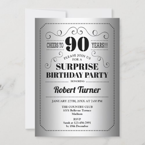 Surprise 90th Birthday _ Silver Black Invitation