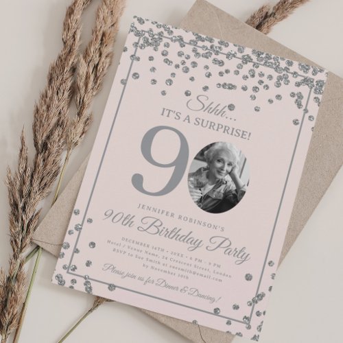 SURPRISE 90th Birthday Silver Confetti Blush Pink  Invitation