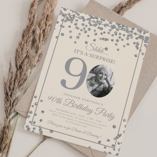 SURPRISE 90th Birthday Silver Confetti Champagne Invitation
