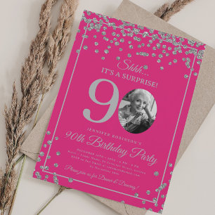 SURPRISE 90th Birthday Silver Confetti Hot Pink Invitation