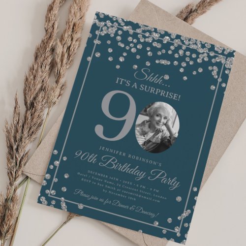 SURPRISE 90th Birthday Silver Confetti Navy Blue  Invitation