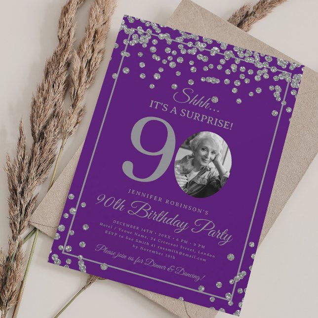 SURPRISE 90th Birthday Silver Confetti Purple  Invitation (SURPRISE 90th Birthday Silver Confetti Purple Invitation)