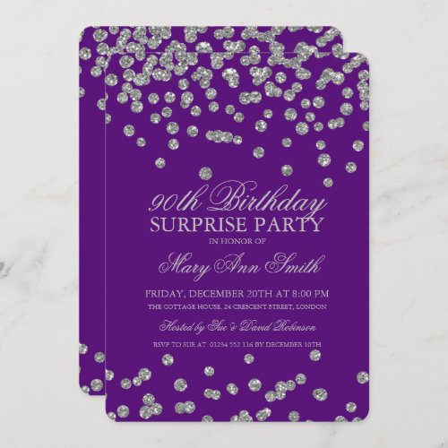 Surprise 90th Birthday Silver Glitter Purple Invitation