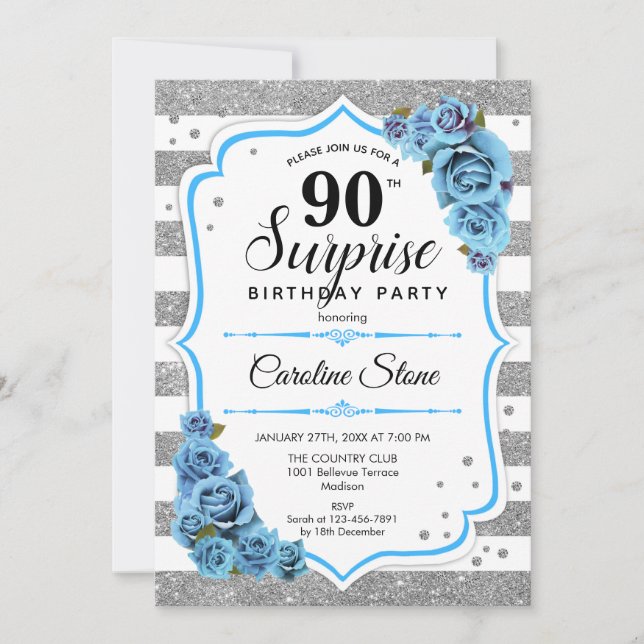 Surprise 90th Birthday - Silver White Blue Invitation (Front)