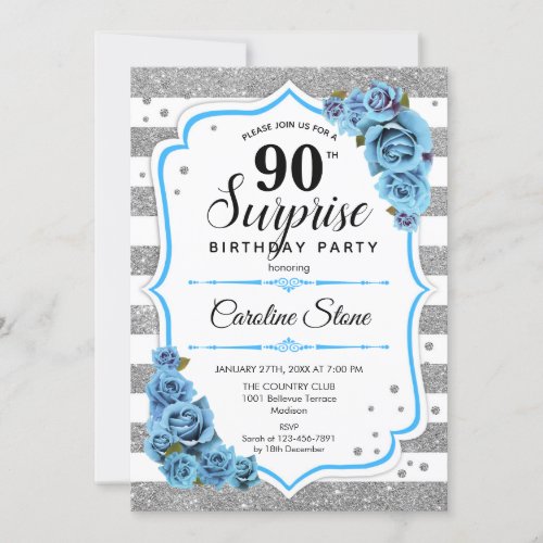 Surprise 90th Birthday _ Silver White Blue Invitation