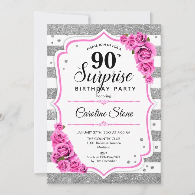 Surprise 90th Birthday - Silver White Pink Invitation (Front)