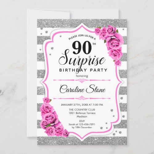 Surprise 90th Birthday _ Silver White Pink Invitation
