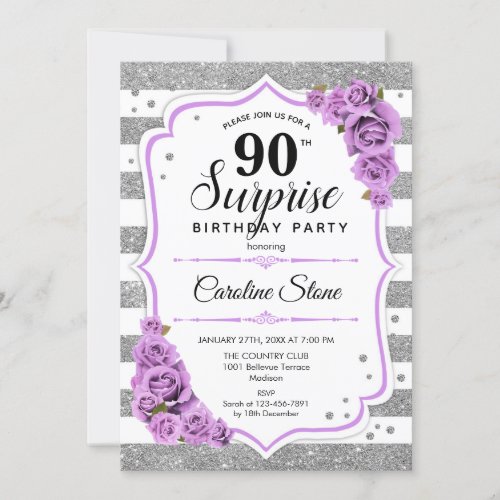 Surprise 90th Birthday _ Silver White Purple Invitation