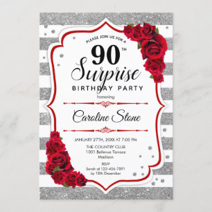 Surprise 90th Birthday - Silver White Red Invitation