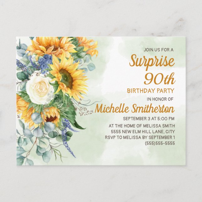 Surprise 90th Birthday Sunflowers Eucalyptus Postcard (Front)