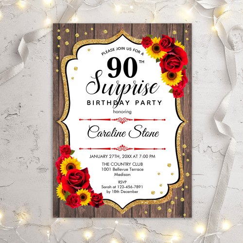 Surprise 90th Birthday _ Sunflowers Rustic Wood Invitation