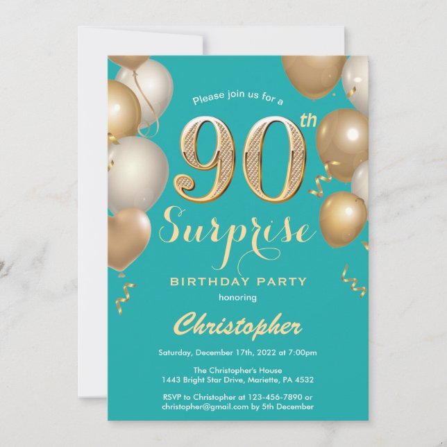 Surprise 90th Birthday Teal and Gold Balloons Invitation (Front)